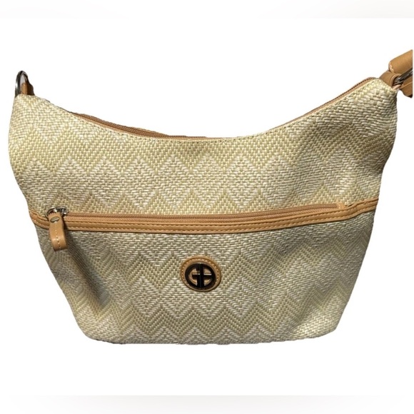Cream and Tan Crescent Shoulder Bag with Textured Pattern - Picture 4 of 9